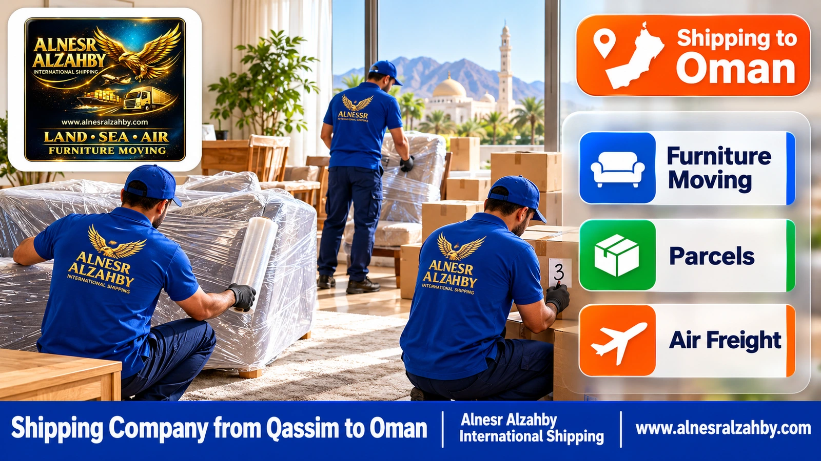 A team in blue uniforms wrapping furniture in a bright living room and numbering boxes