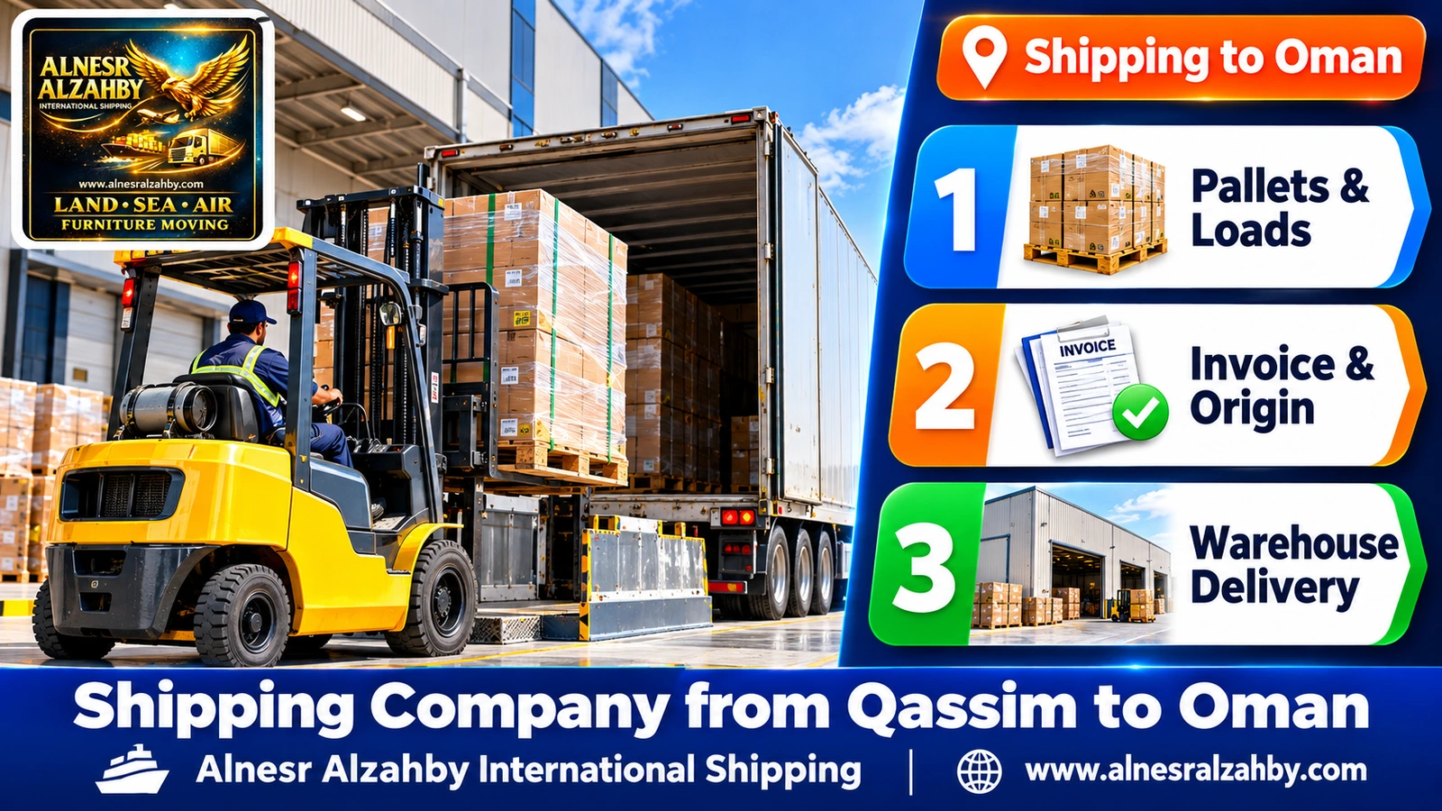 A forklift loading pallets into a truck at a modern warehouse dock