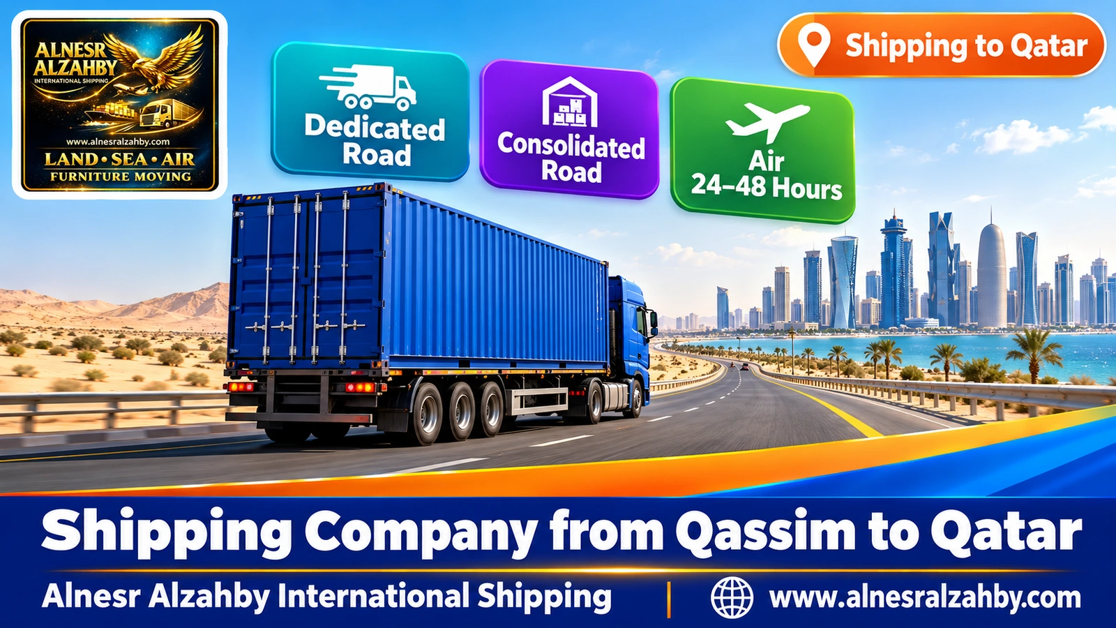 A blue cargo truck on a modern desert highway in the morning