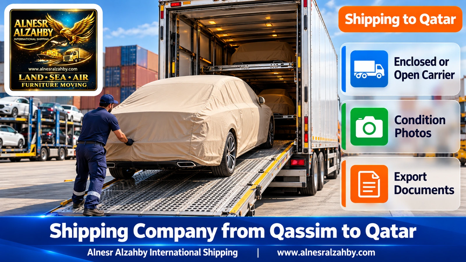 A sedan under a beige protective cover on the ramp of an enclosed car carrier in an organised yard