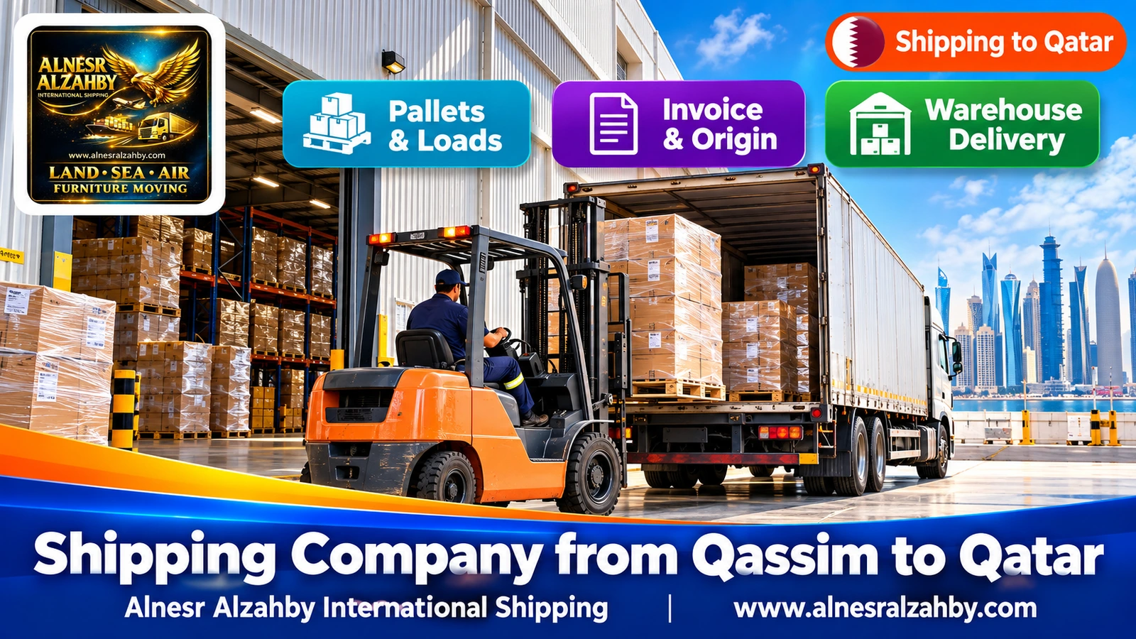 A forklift loading pallets into a truck at a modern warehouse dock