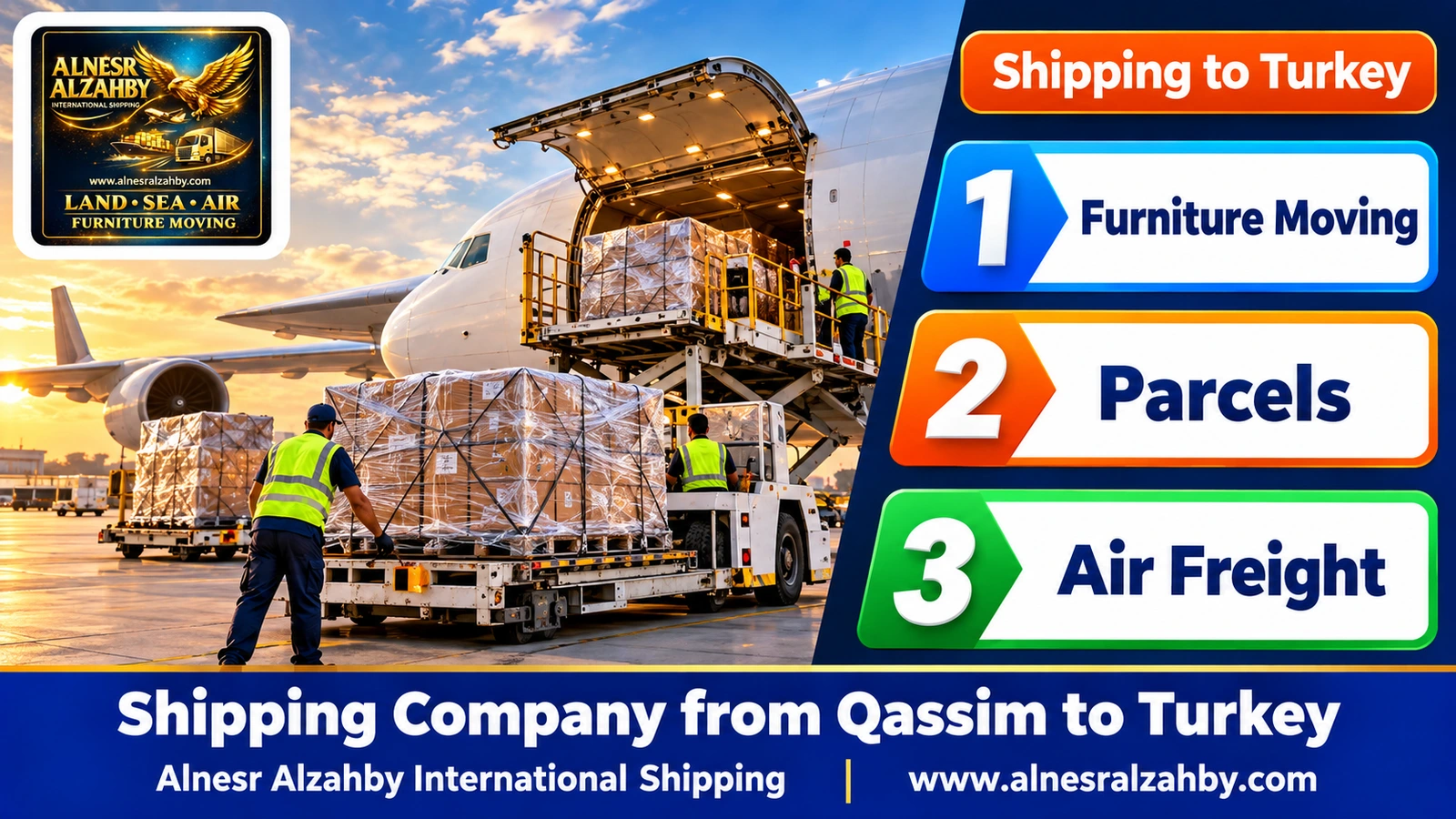 Stretch-wrapped parcels loaded onto a cargo plane on a modern apron