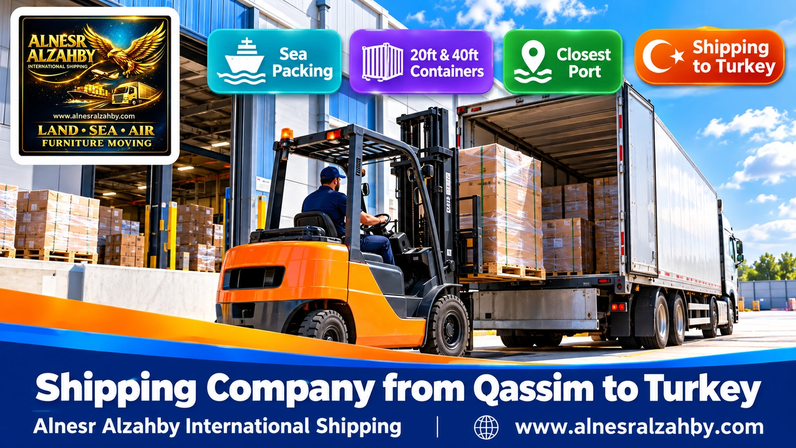 A forklift loading pallets into a truck at a modern warehouse dock