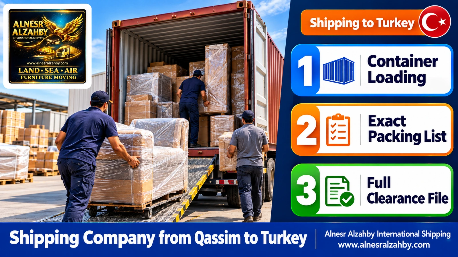 Loading wrapped furniture into a 20ft container at a loading yard