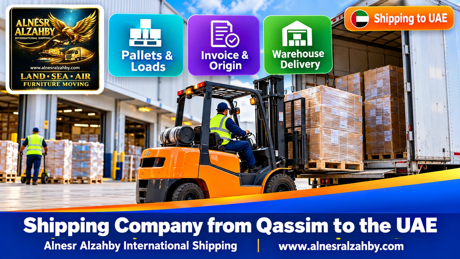 A forklift loading pallets into a truck at a modern warehouse dock
