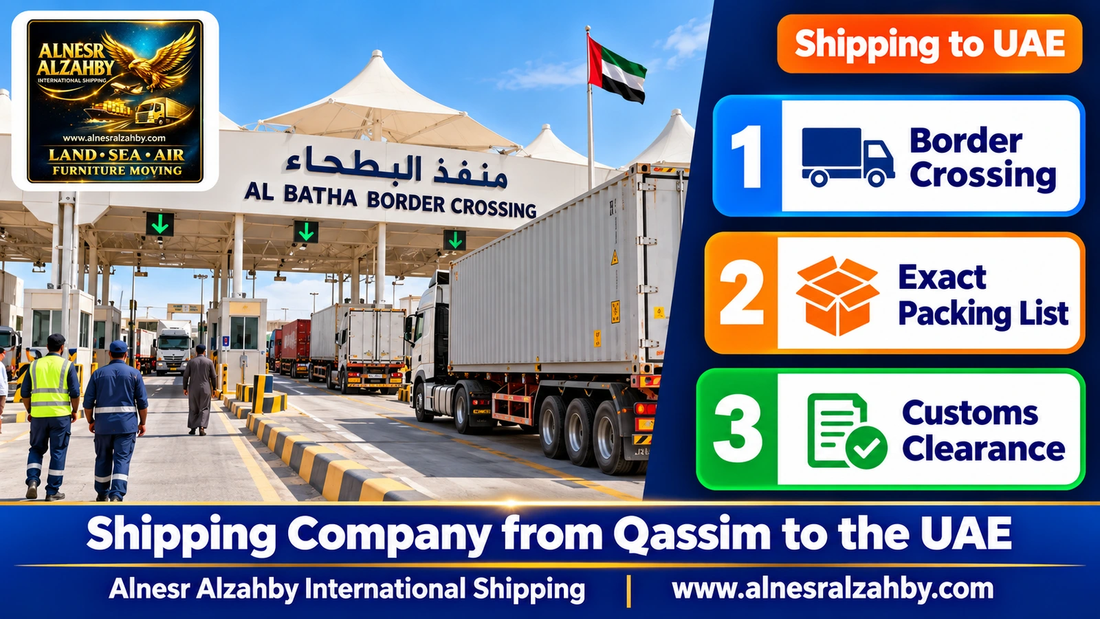 The Al Batha border crossing with white canopies and trucks in line
