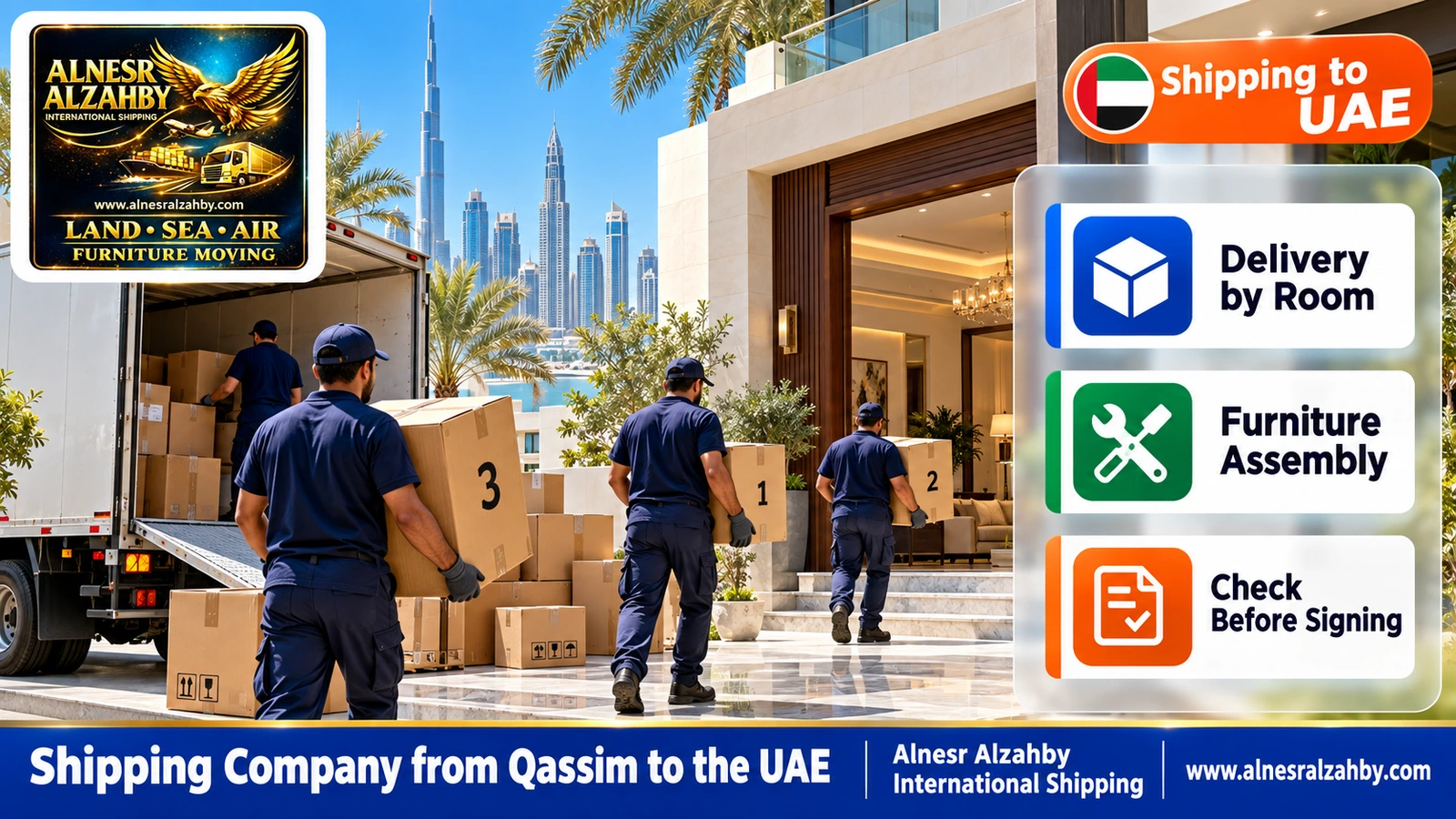 A team bringing numbered boxes into a modern villa in Dubai