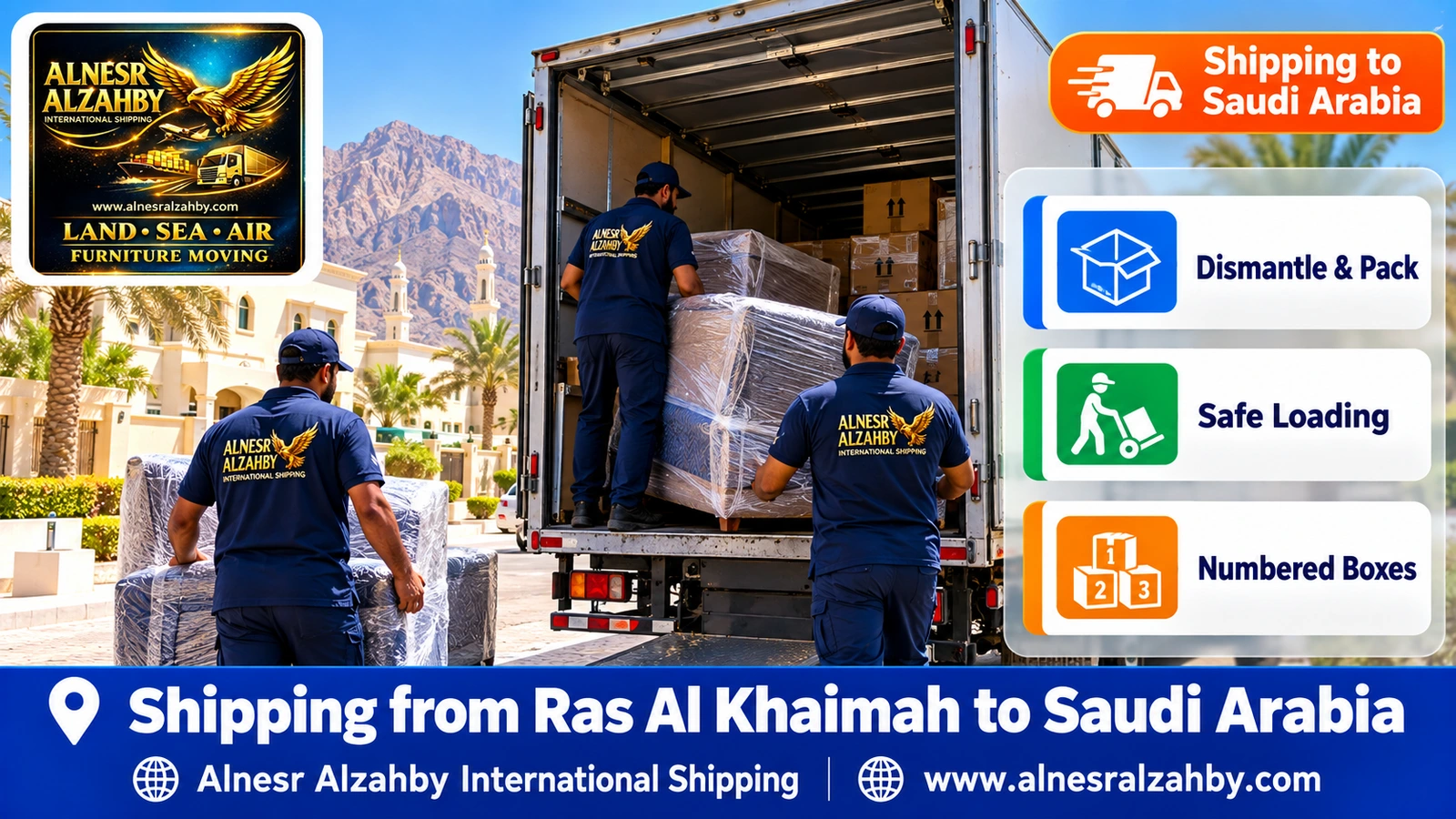 A shipping team loading wrapped furniture into a closed truck in Ras Al Khaimah