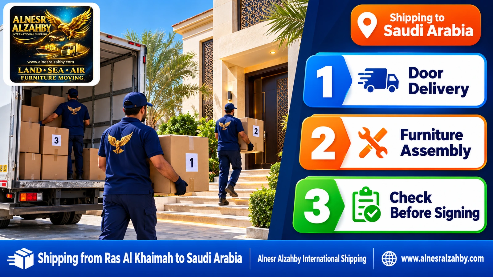 A team delivering numbered boxes to a modern home in Saudi Arabia