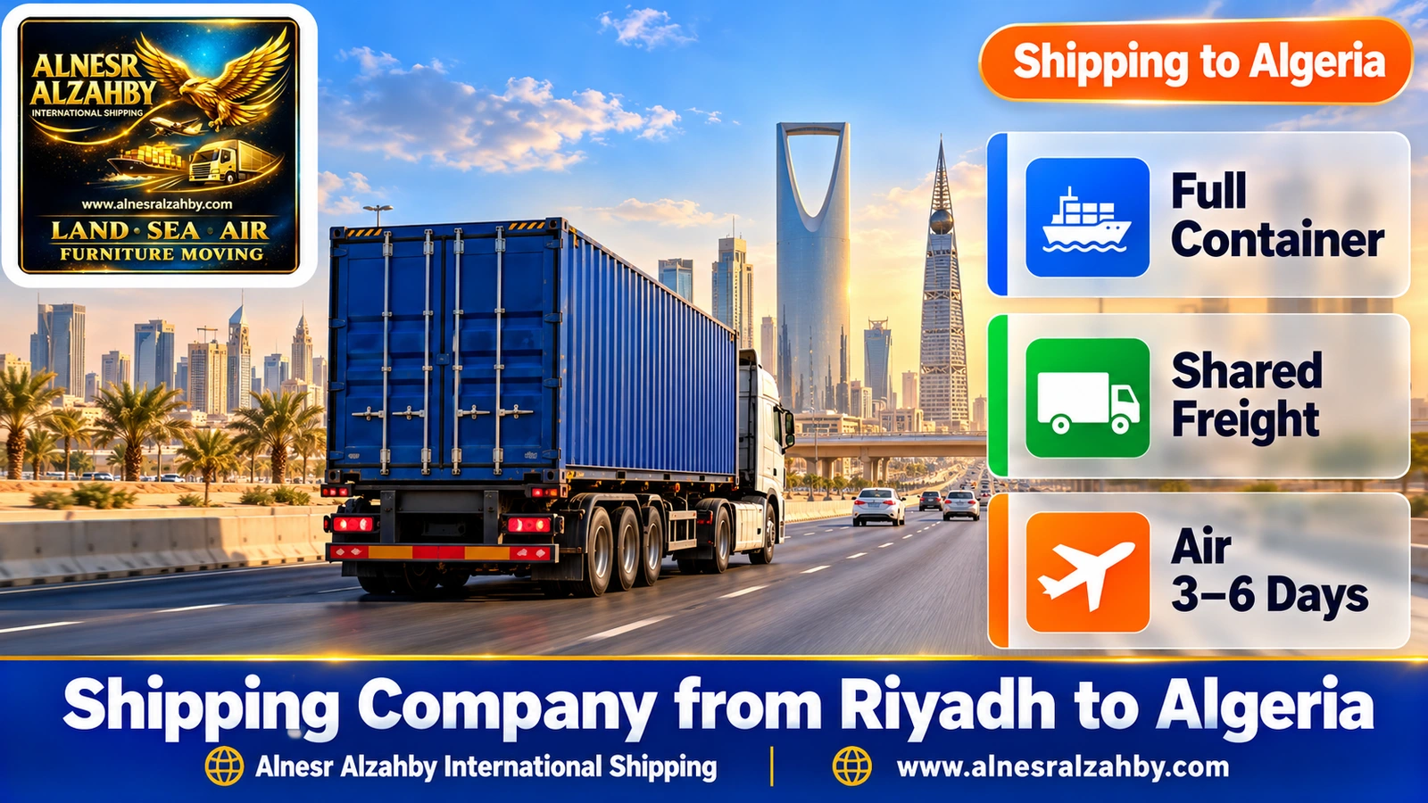 A truck carrying a sea container leaving Riyadh on the highway