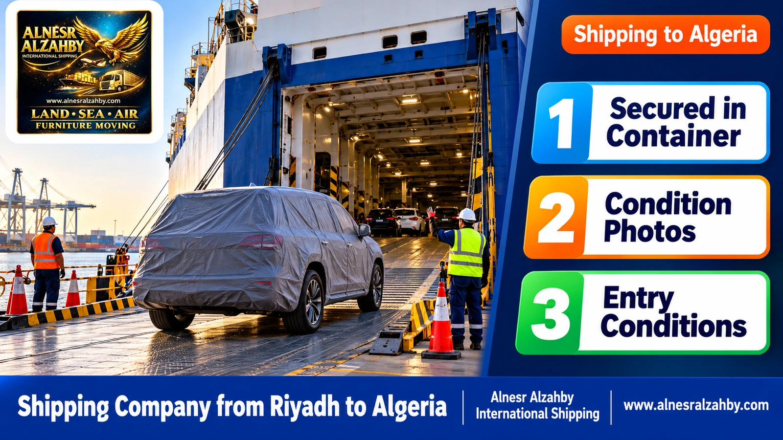 An SUV under a grey protective cover carefully driven onto a RoRo vessel at the port