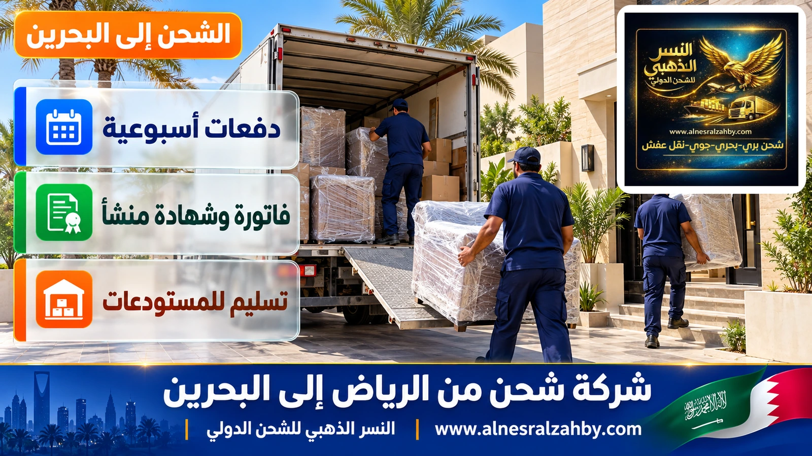تحميل أثاث مغلف في شاحنة عند فيلا في الرياض