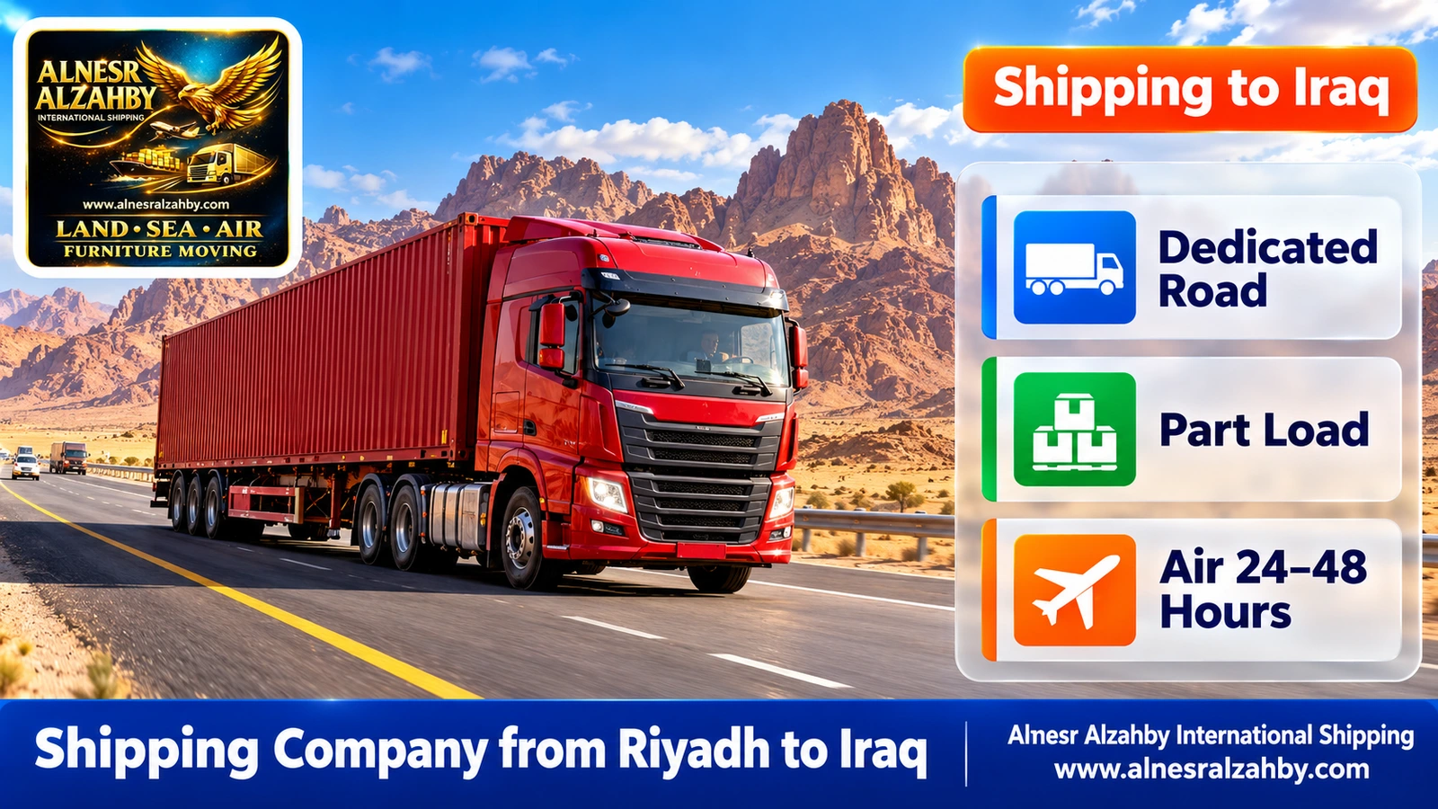 A red cargo truck on the northern road from Riyadh toward Hail with the Aja mountains behind