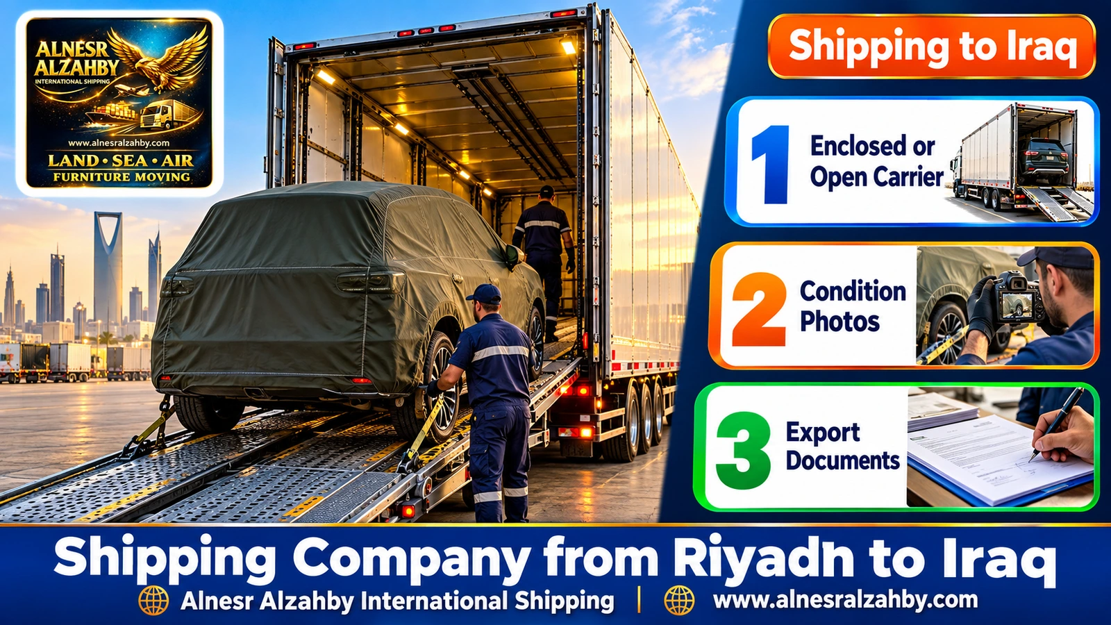 An SUV under an olive protective cover on the ramp of an enclosed car carrier in Riyadh