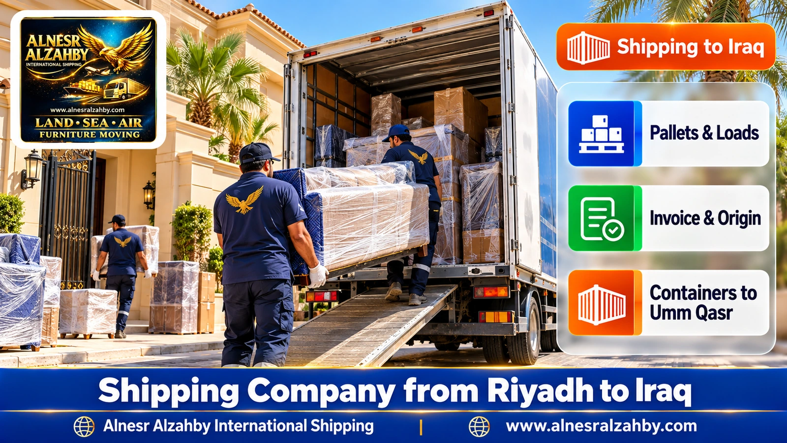 Loading wrapped furniture into a dedicated truck at a Riyadh villa