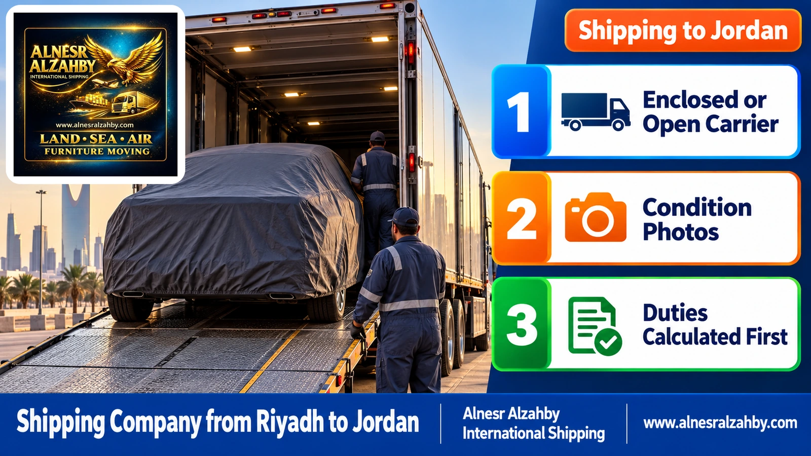 A family car under a dark grey protective cover on the ramp of an enclosed car carrier in Riyadh