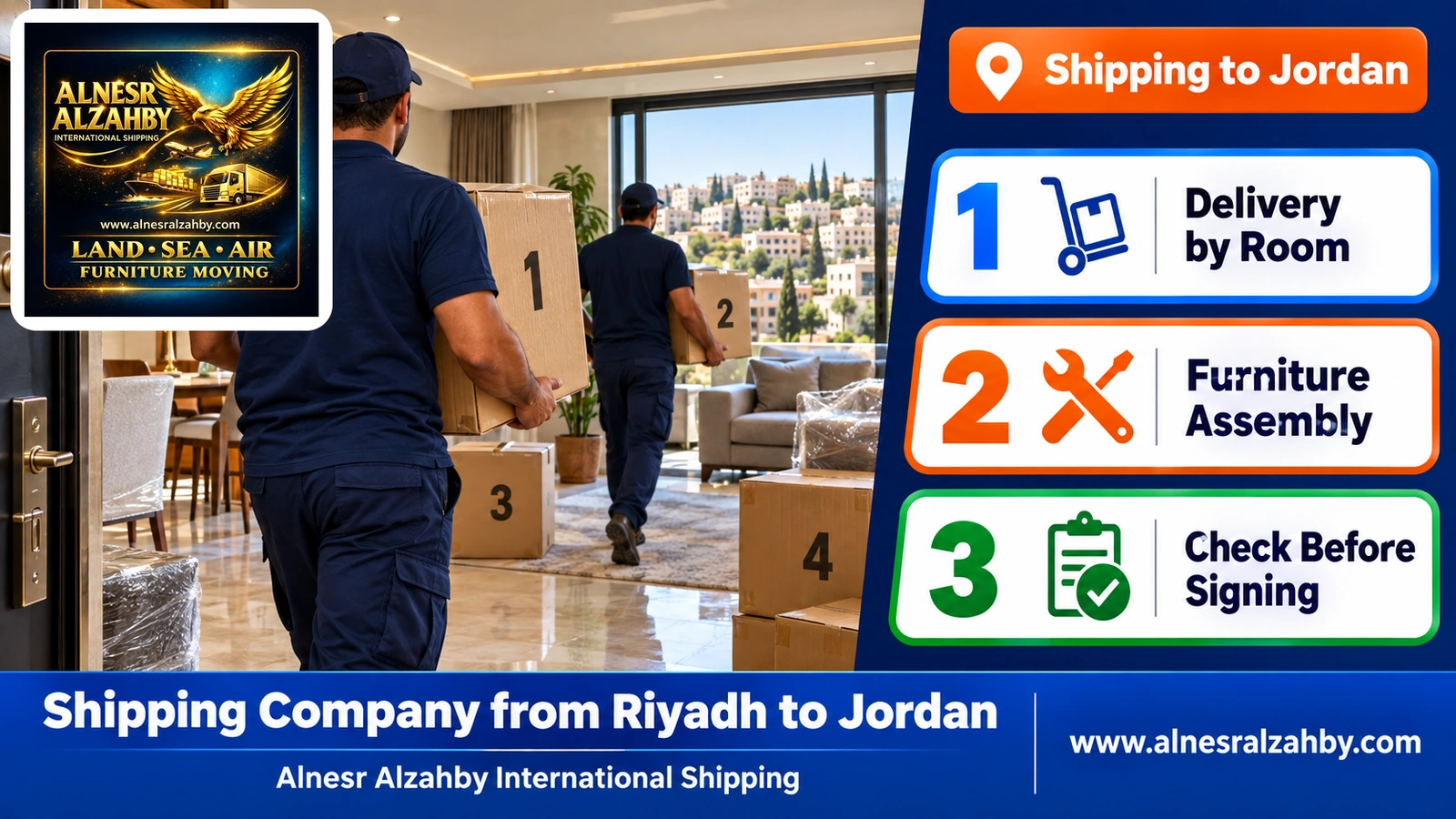 A team bringing numbered boxes into an apartment in Abdoun, Amman