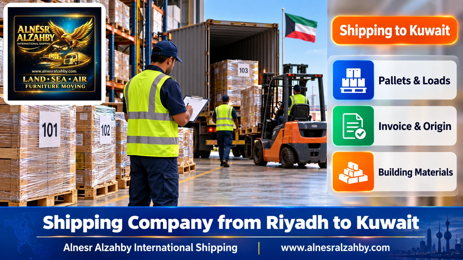 An organised warehouse with numbered pallets ready to load for Kuwait
