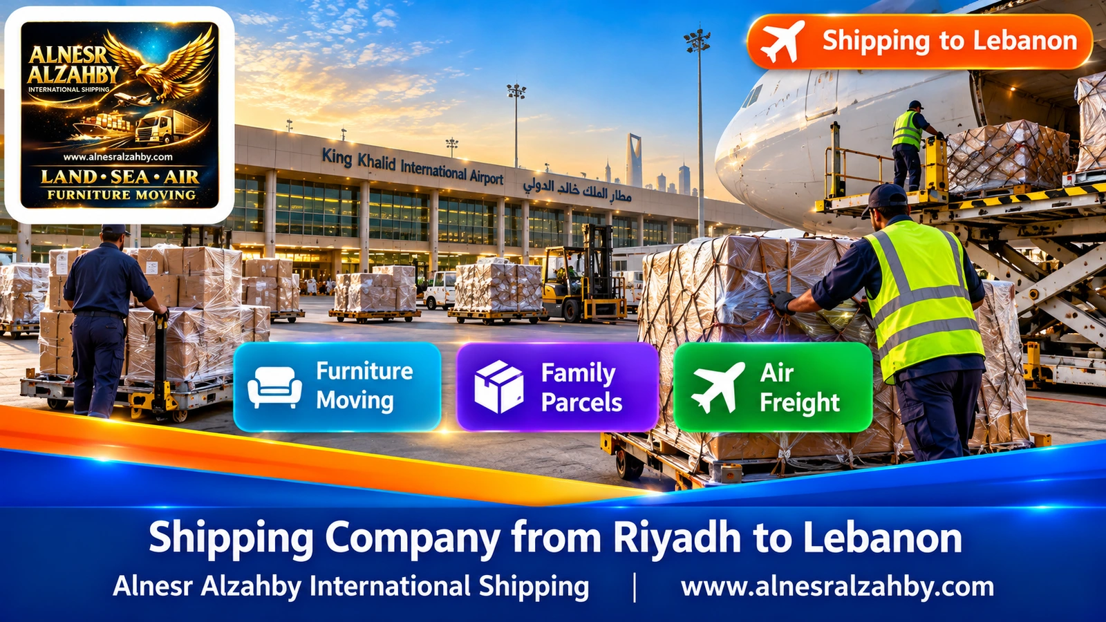 Wrapped family-parcel boxes in the cargo area of King Khalid Airport