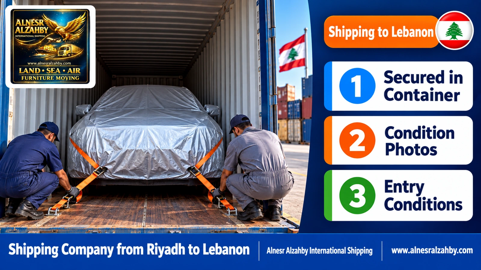 A family car under a silver protective cover strapped inside a container