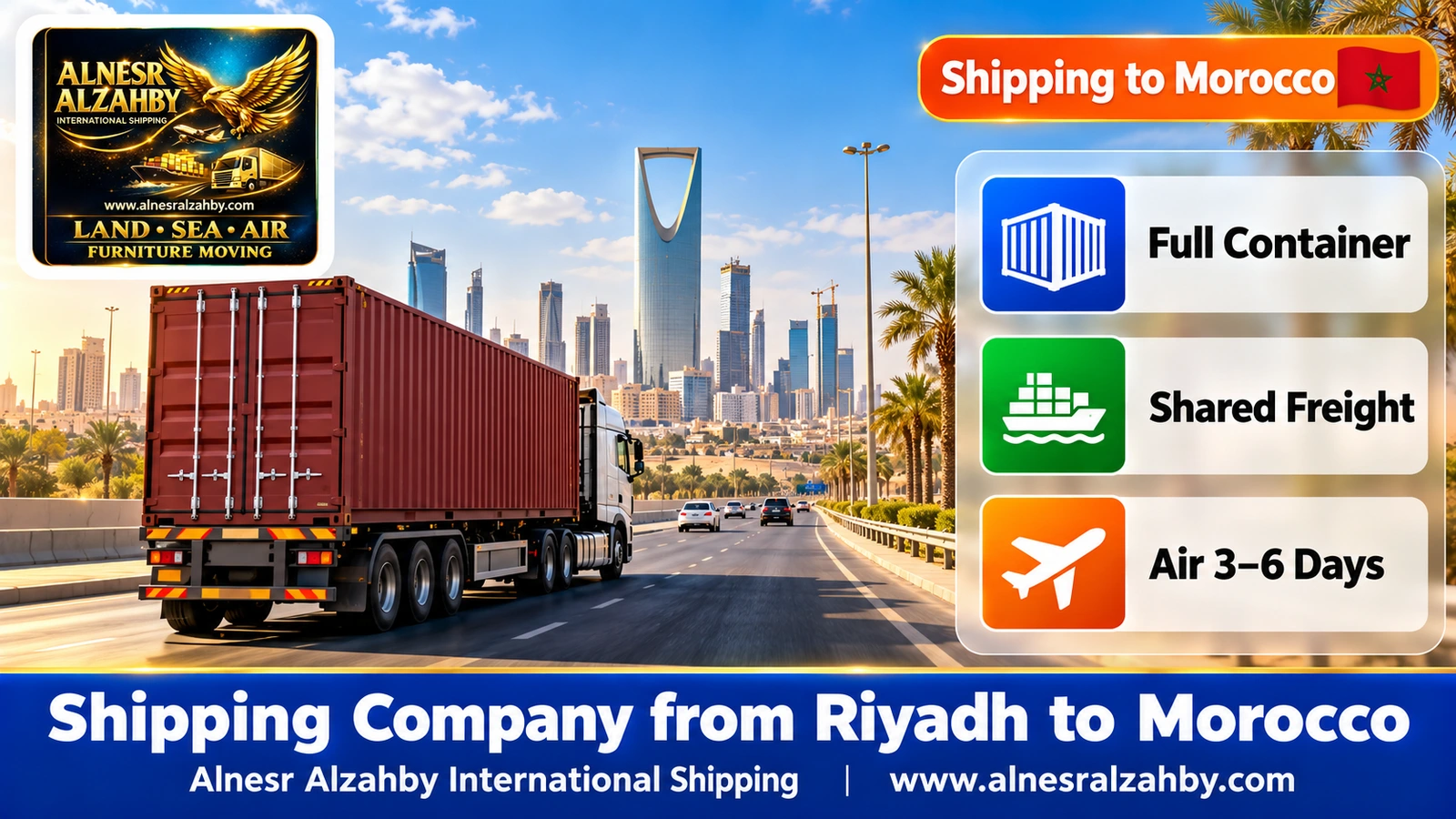 A truck carrying a sea container leaving Riyadh on the highway