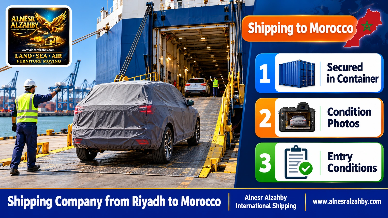 An SUV under a grey protective cover carefully driven onto a RoRo vessel at the port