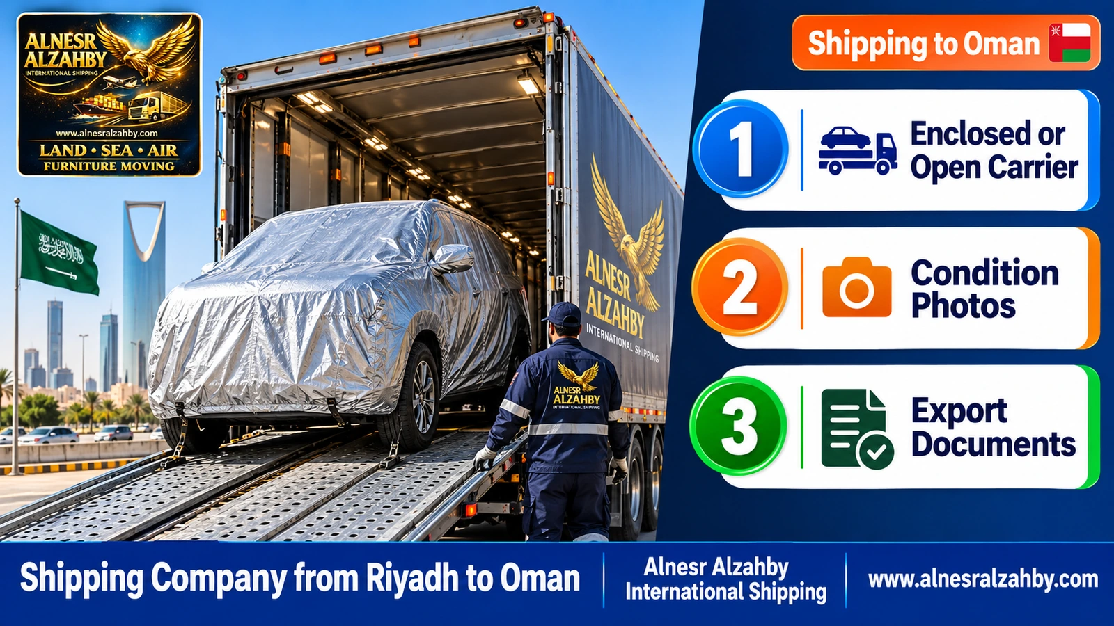 An SUV under a silver protective cover on the ramp of an enclosed car carrier in Riyadh