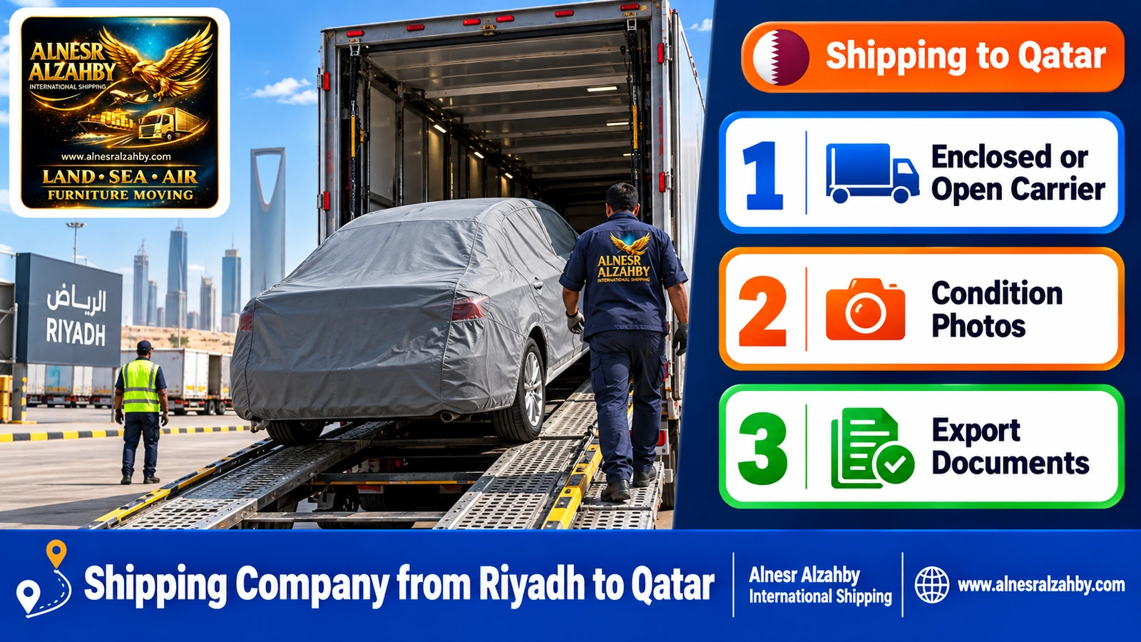 A white sedan under a grey protective cover on the ramp of an enclosed car carrier at a Riyadh loading yard