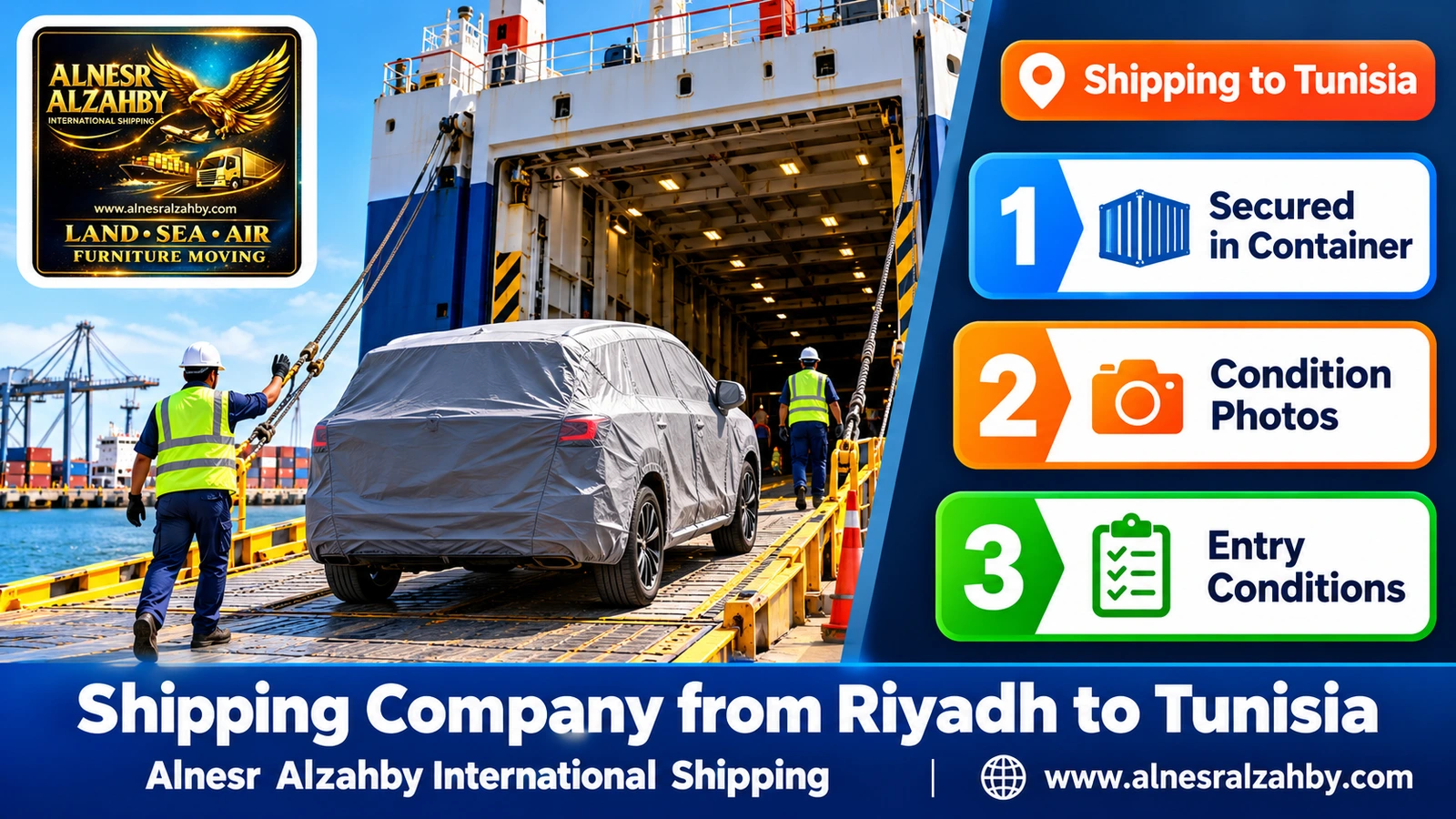 An SUV under a grey protective cover carefully driven onto a RoRo vessel at the port