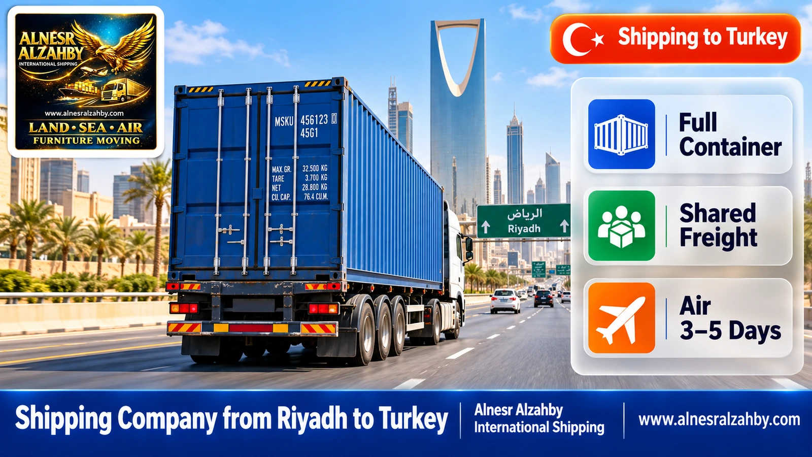 A truck carrying a blue sea container leaving Riyadh on the highway