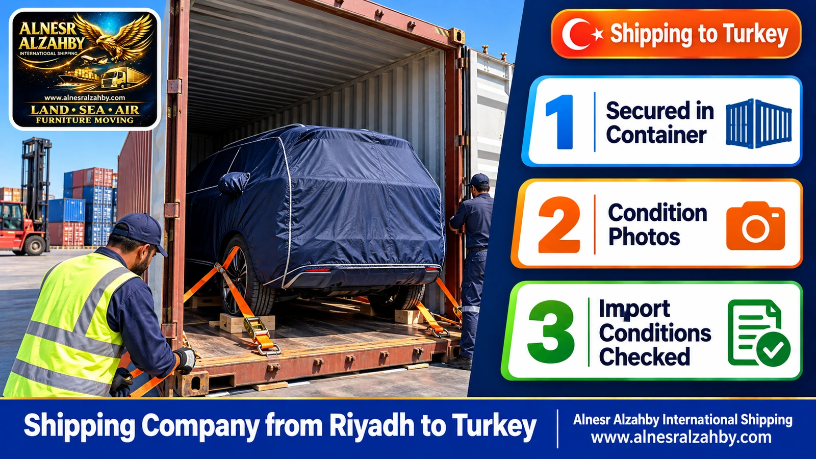 An SUV under a navy protective cover strapped inside a container at a loading yard