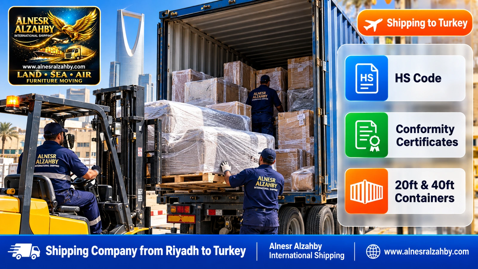 Loading furniture wrapped in moisture-resistant layers into a 40ft container in Riyadh