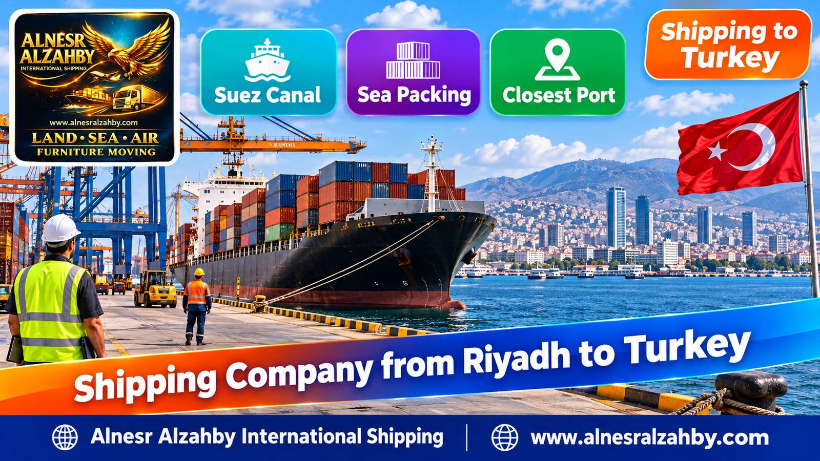 A container ship at Izmir port with the city bay behind