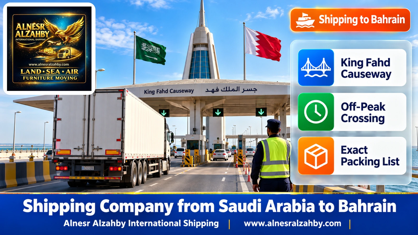 The King Fahd Causeway middle tower with a truck approaching the checkpoint