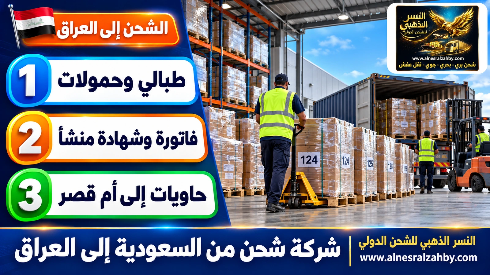 طبليات بضائع مرقمة في مستودع حديث جاهزة للتحميل إلى العراق