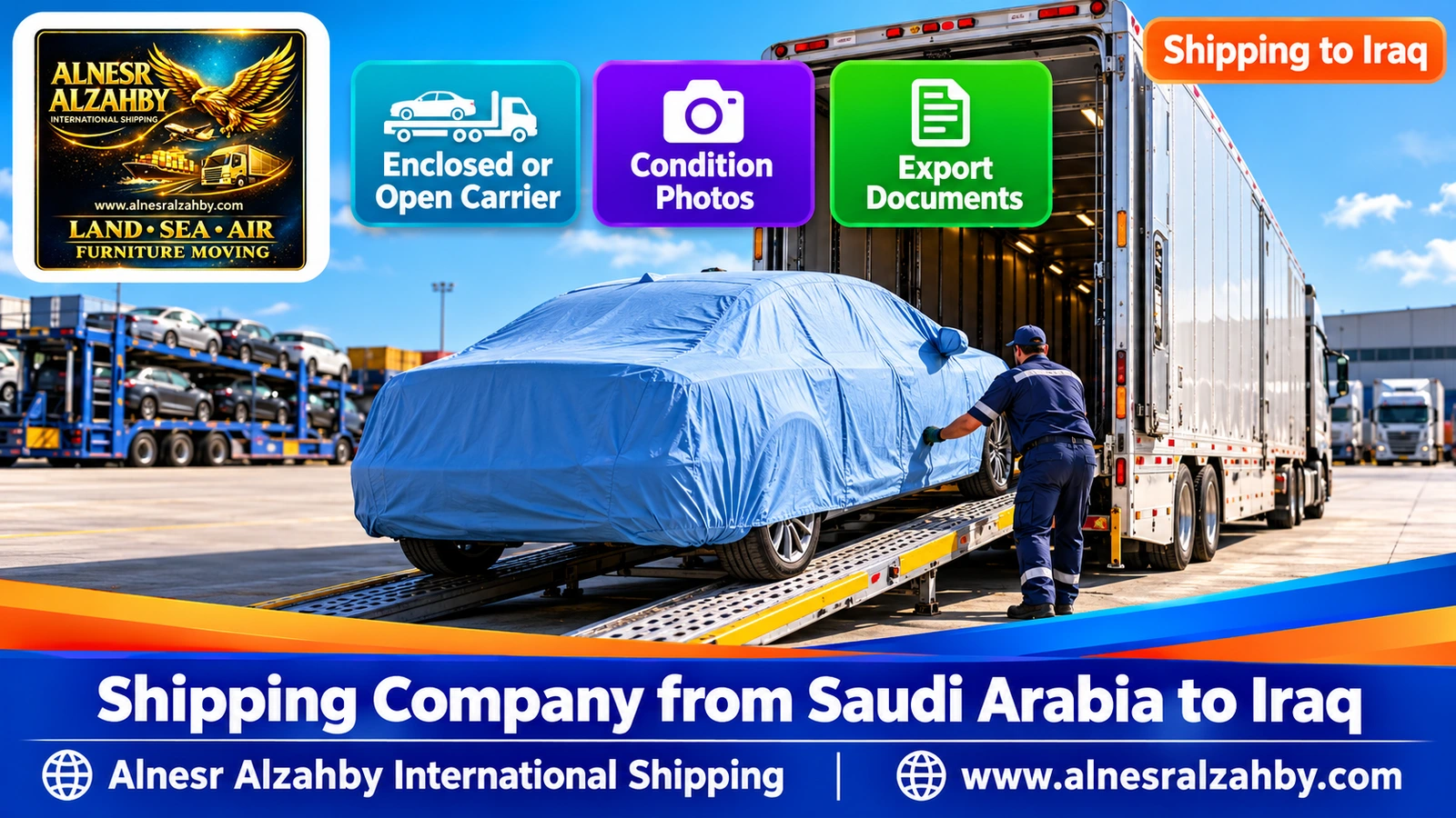 A sedan under a light blue protective cover being loaded into an enclosed car carrier in an organised yard