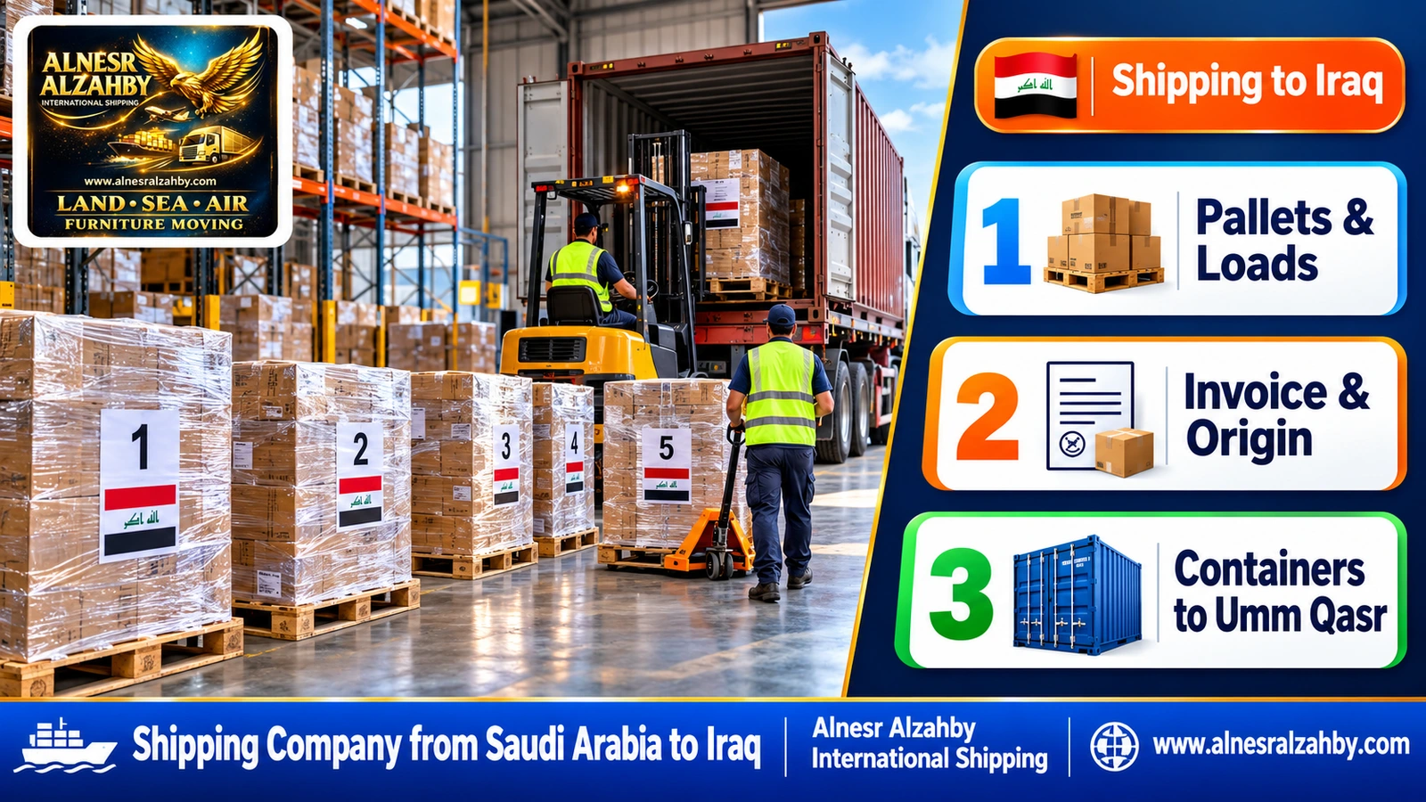 Numbered pallets in a modern warehouse ready to load for Iraq
