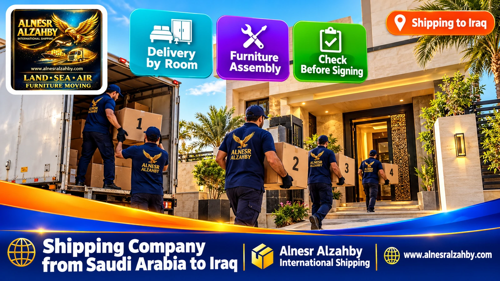 A team delivering numbered boxes to a modern house in Baghdad