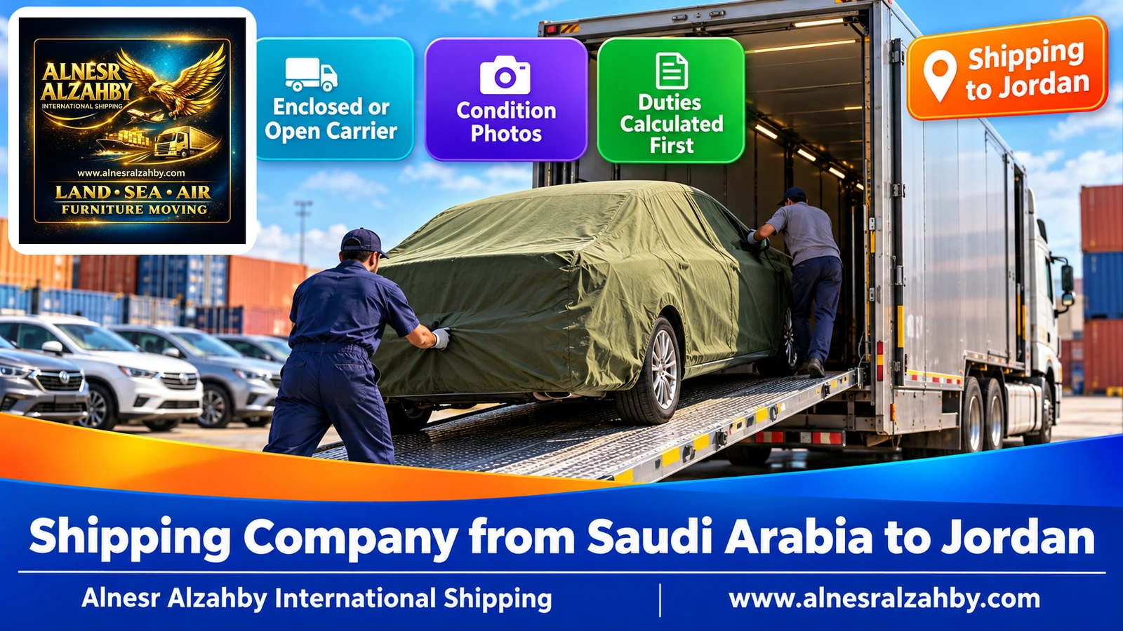 A sedan under an olive-green protective cover being loaded into an enclosed car carrier in an organised yard