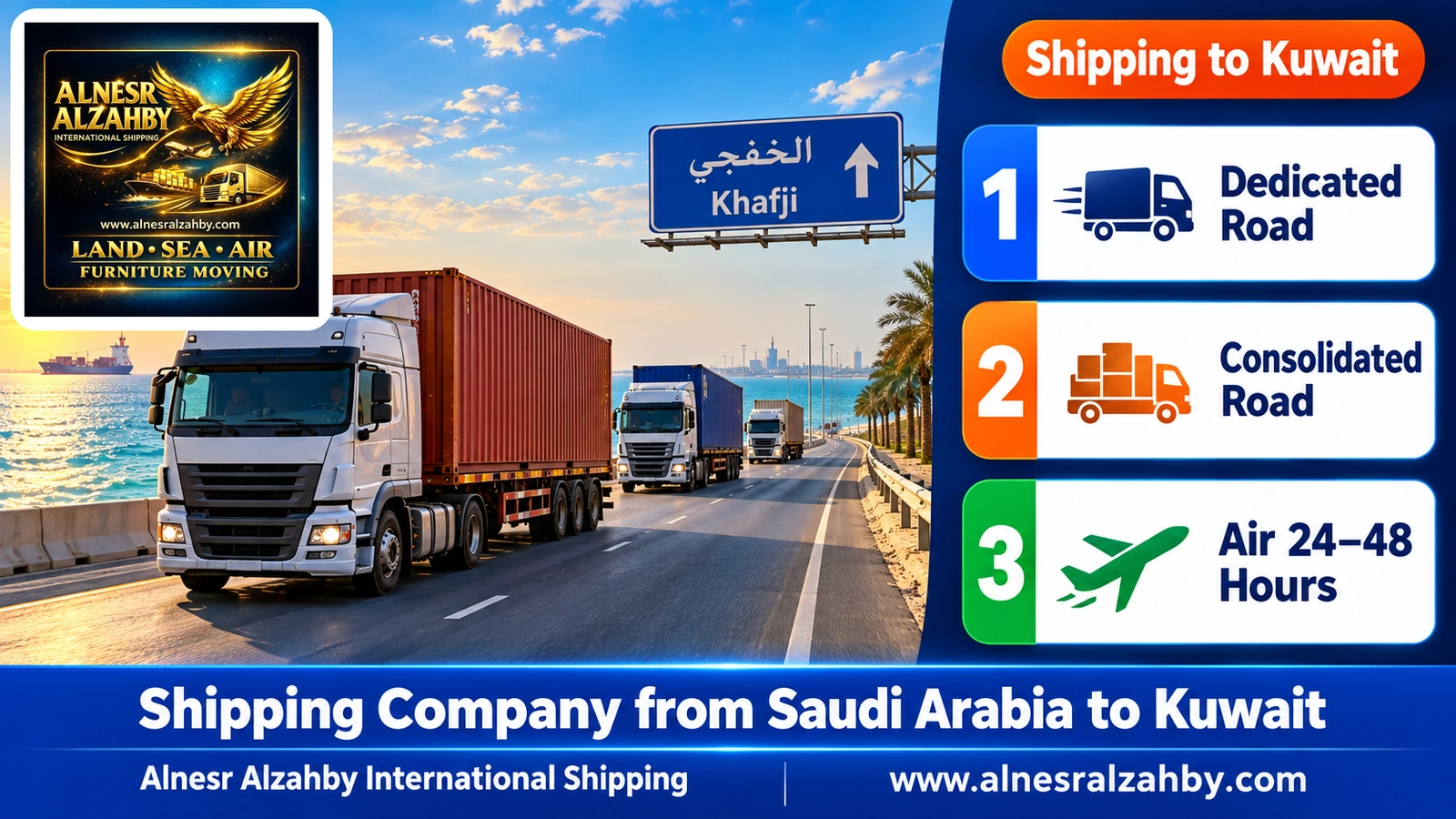 Cargo trucks on the coastal road toward Khafji with the Arabian Gulf alongside