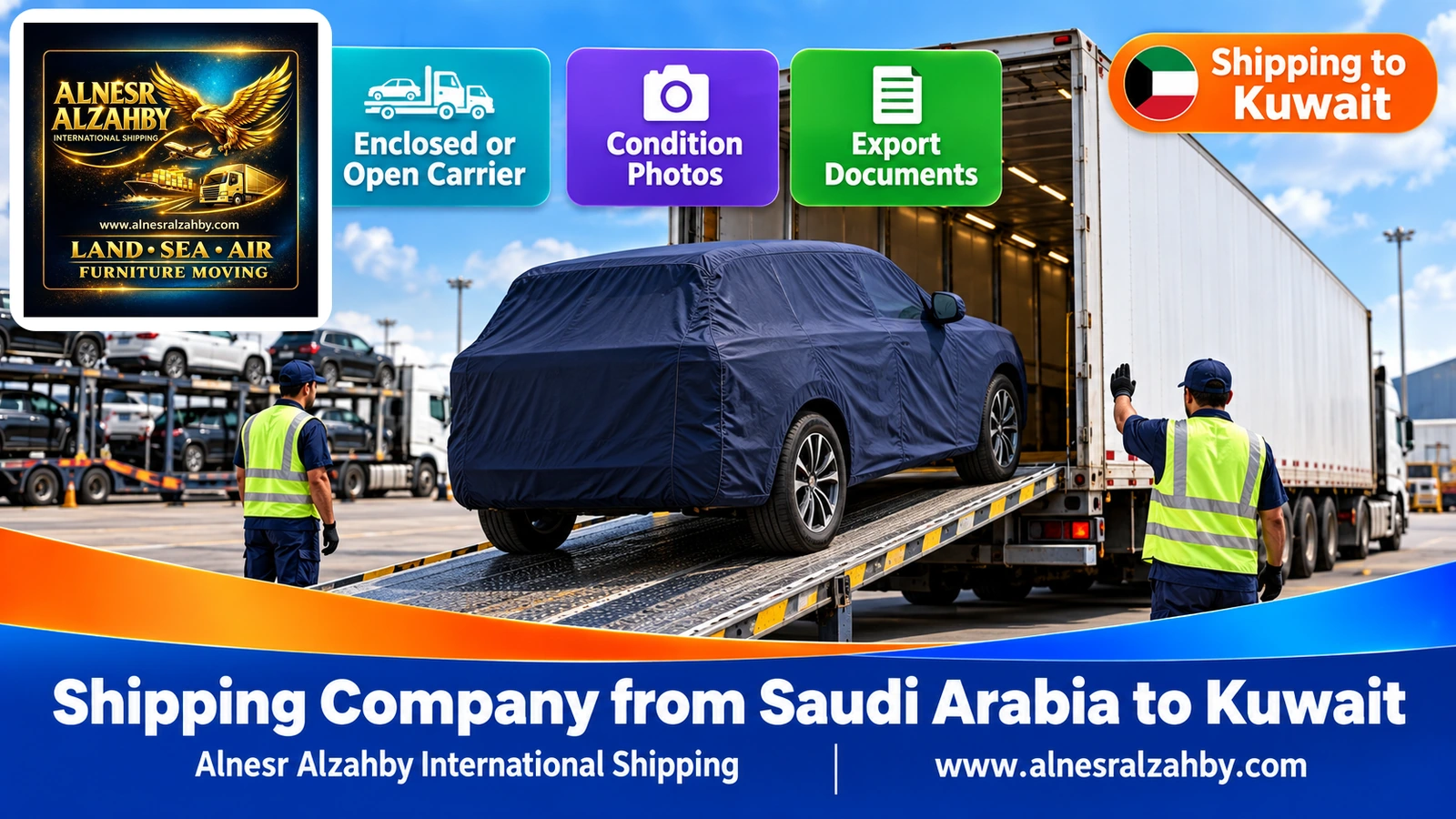 An SUV under a navy protective cover being loaded into an enclosed car carrier in an organised yard