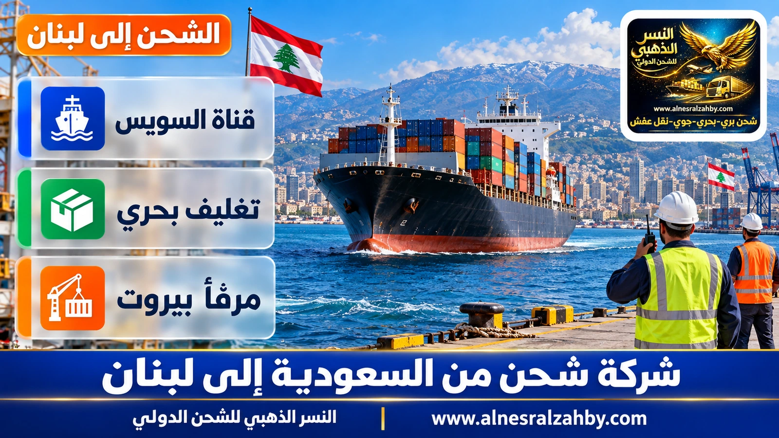 سفينة حاويات تقترب من الساحل اللبناني وجبل لبنان في الأفق