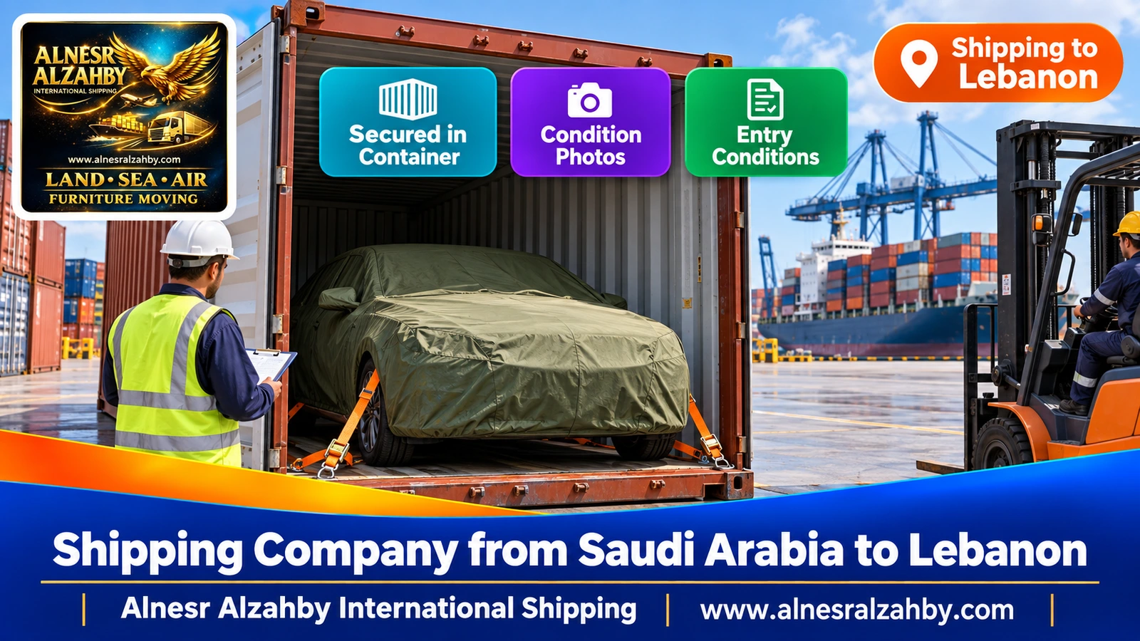 A sedan under an olive-green protective cover secured inside a container at an organised port yard