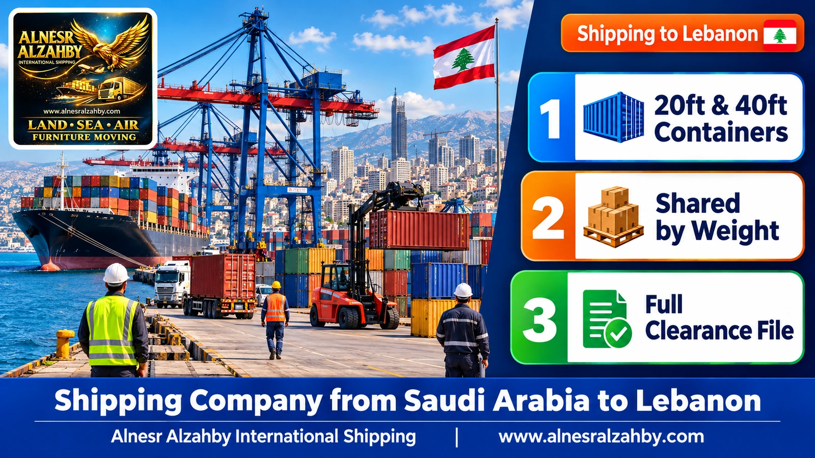 Cranes and colourful containers at Beirut port with the city behind