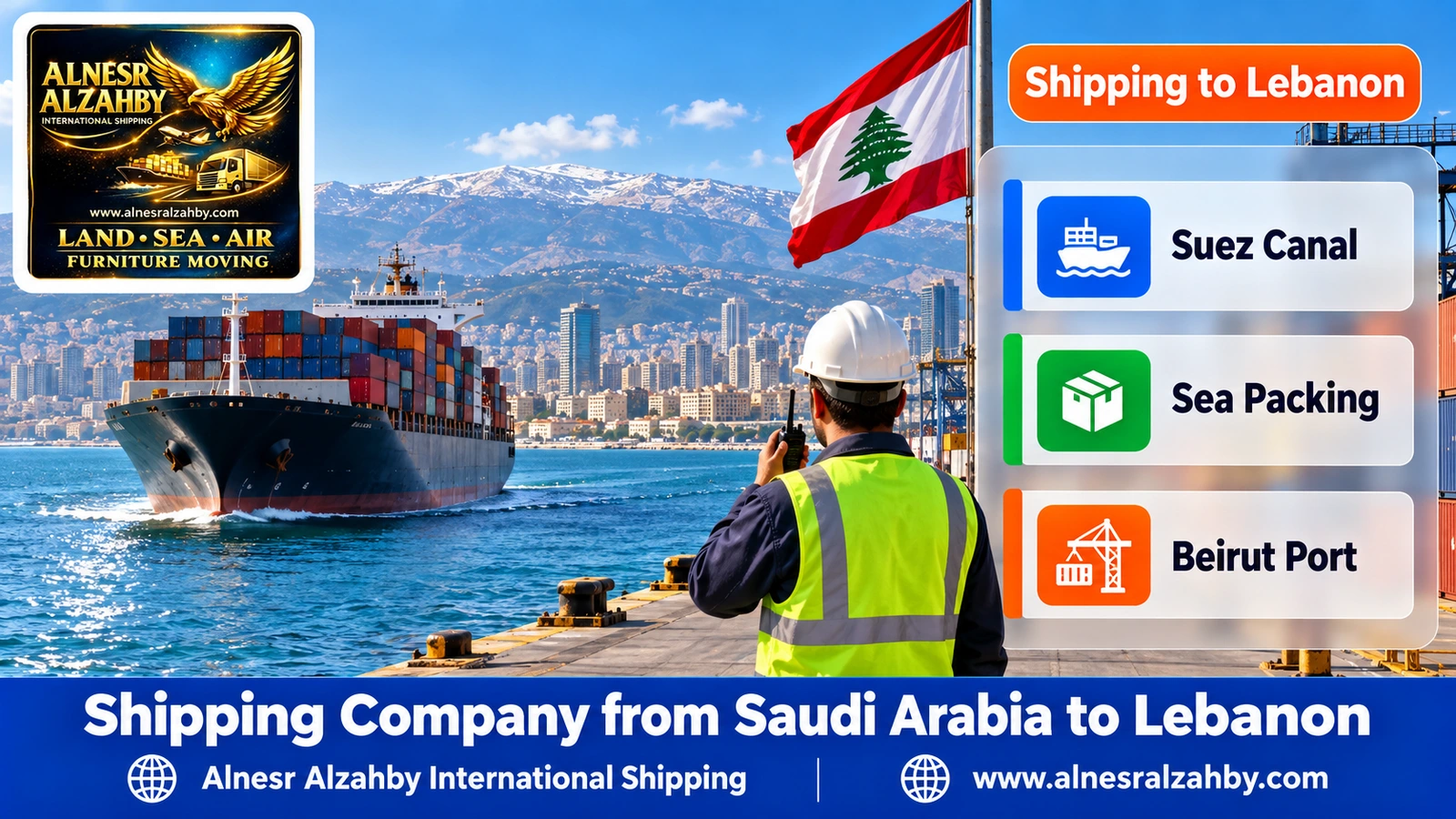 A container ship approaching the Lebanese coast with Mount Lebanon on the horizon