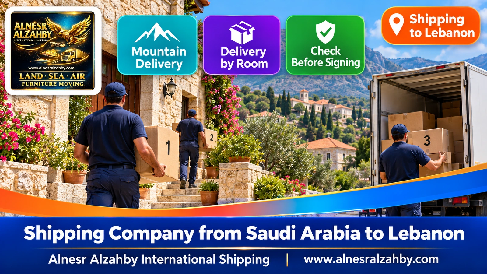 A team delivering numbered boxes to a stone house in a Lebanese mountain village