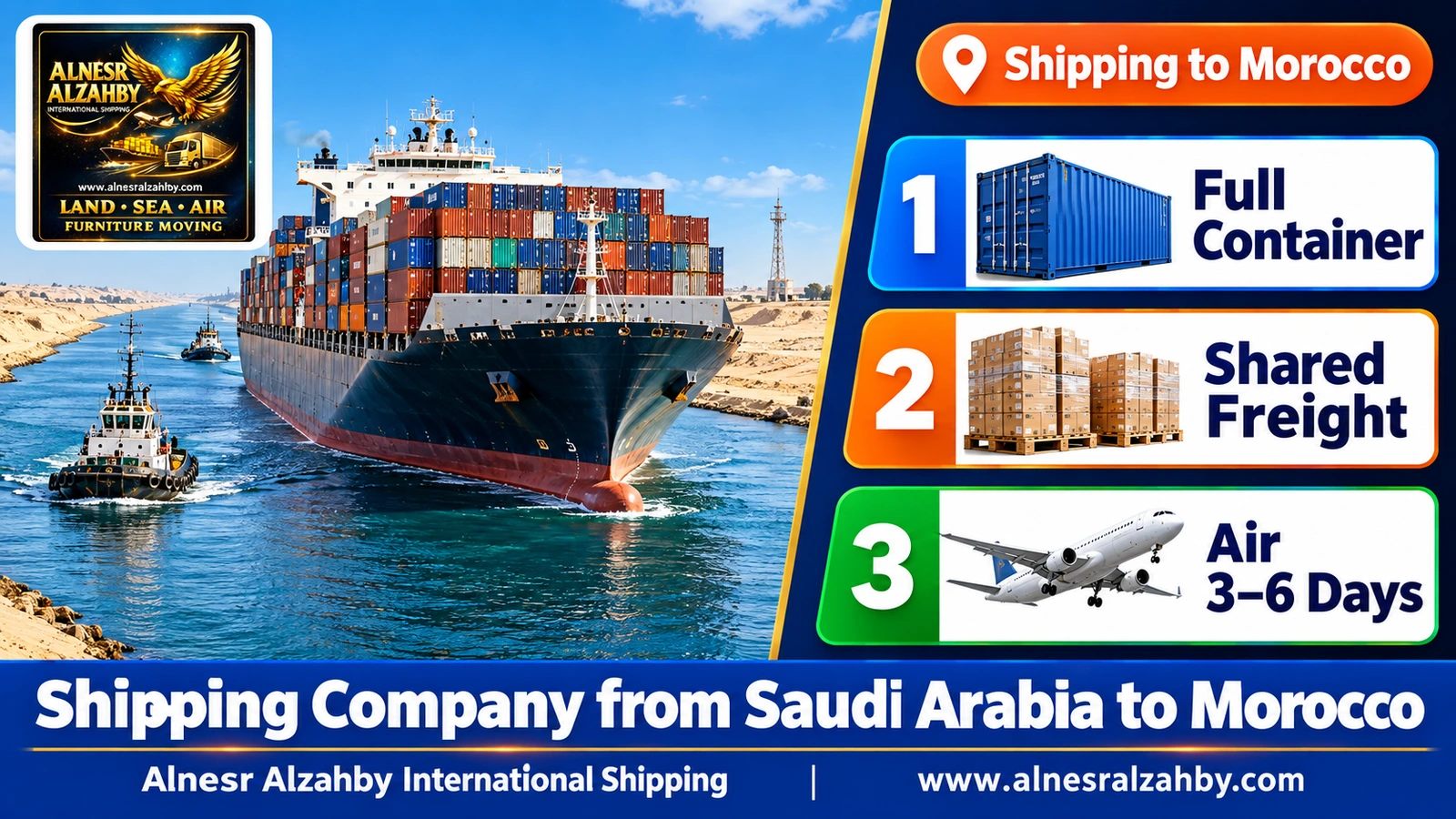 A huge container ship transiting the Suez Canal on a sunny day
