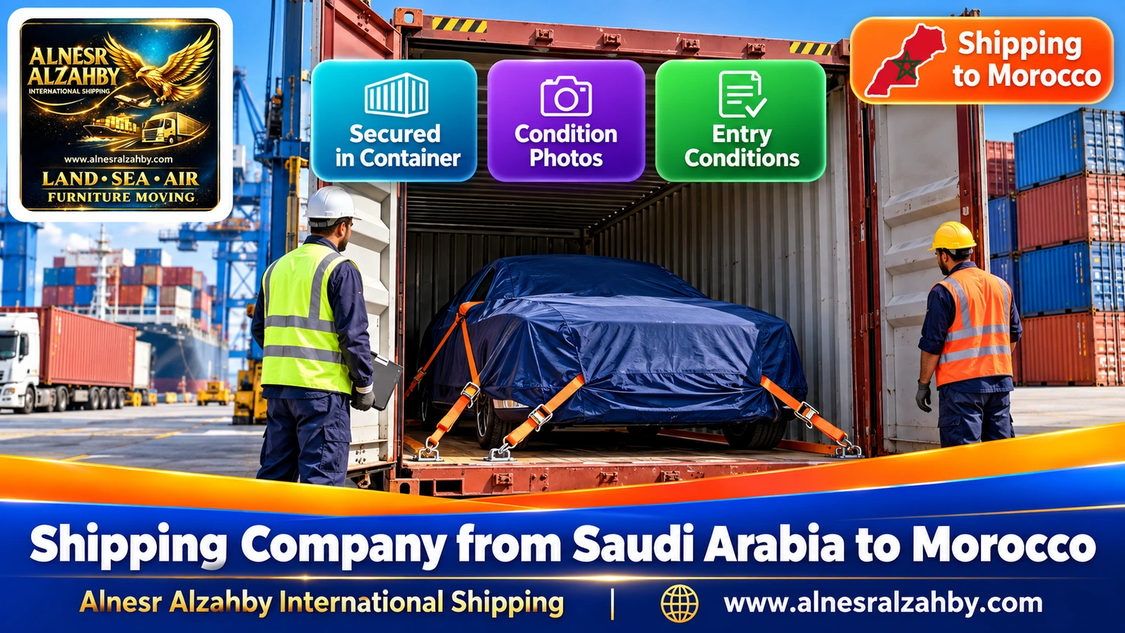 A sedan under a dark blue protective cover secured inside a container at an organised port yard