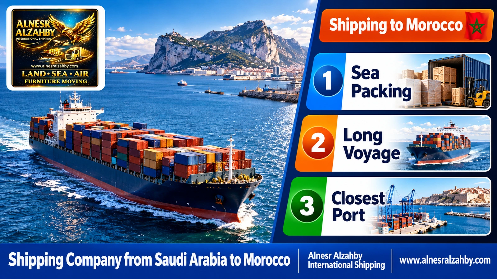 A container ship crossing the Strait of Gibraltar toward the Atlantic