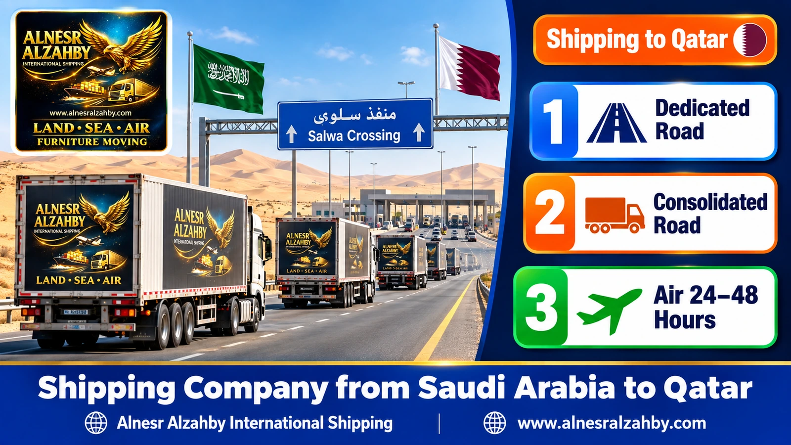 A convoy of cargo trucks on the highway to the Salwa crossing among golden dunes